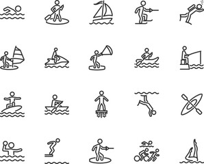 Obraz premium Vector set of water sports line icons. Contains icons swimming, diving, surfing, wakeboarding, sailing, windsurfing, kayaking, jet skiing, triathlon and more. Pixel perfect.
