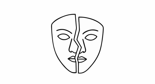 Abstract line art icon depicting a broken human face or theatrical mask, symbolizing fragmented identity, emotional duality, inner conflict, and psychological distress within a minimalist design