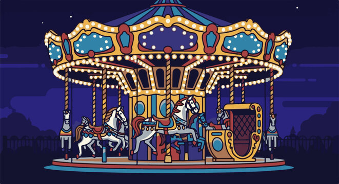 Nighttime carnival carousel glows with ornate lights and painted horses