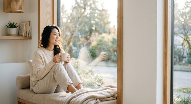 Asian woman relaxing with coffee by window in cozy home interior