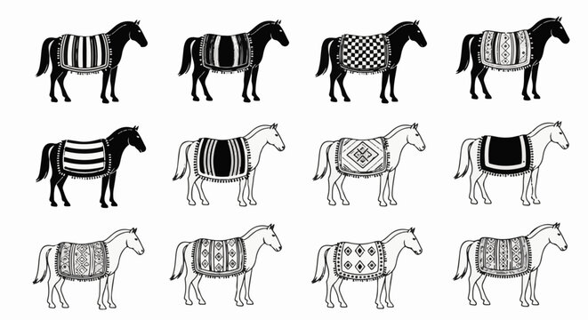 Twelve stylized horses with decorative blankets in black and white