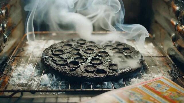 Completely burnt pizza smoking in dirty oven a relatable cooking disaster for humorous fail videos