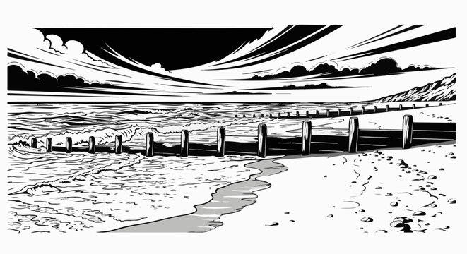 Textured black and white image of a stormy sea with a wooden breakwater