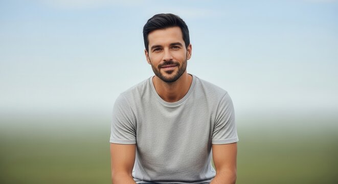 Portrait of a confident young man smiling outdoors with a serene natural background