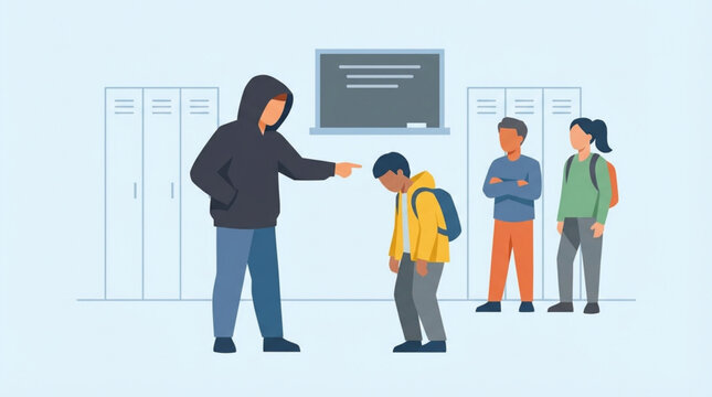 Illustration of a man pointing at a bullied schoolboy in a hallway with classmates and lockers in the background