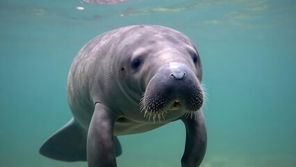 Fototapeta premium A manatee swimming underwater in clear blue ocean water, a marine conservation concept