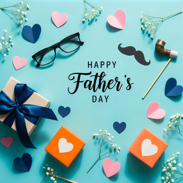 Father's day celebration gifts accessories and heartfelt wishes on a light blue background