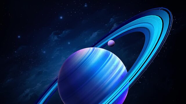 Detailed close up of a gas giant planet surface showing atmospheric bands and a small moon casting a shadow near glowing icy rings in deep space