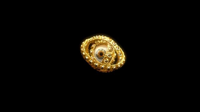 Biblically accurate angel ophanim featuring a central eye surrounded by nested golden rings covered in smaller human eyes over a black background