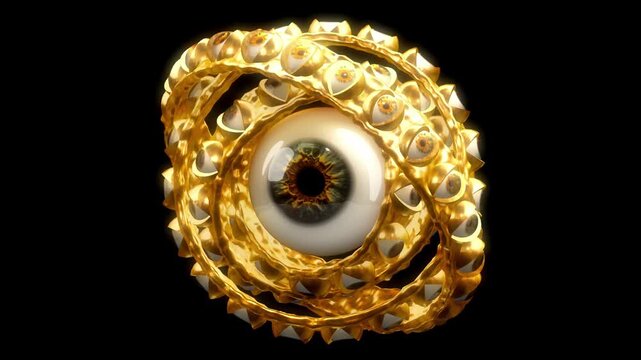 Ophanim biblical angel wheels with golden metallic texture and multiple realistic eyes rotating in a dark void during a divine ethereal manifestation