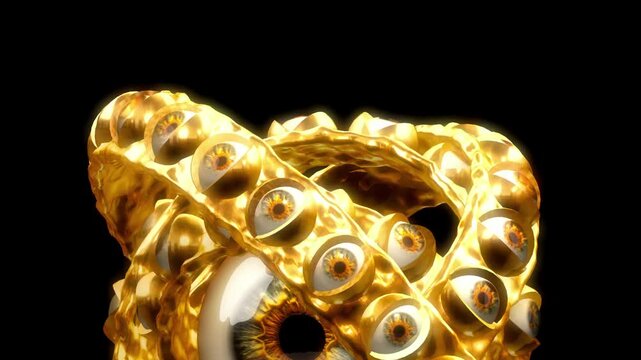Golden celestial wheel close up featuring realistic orange eyes and textured metallic surfaces in a divine composition for spiritual conceptual themes