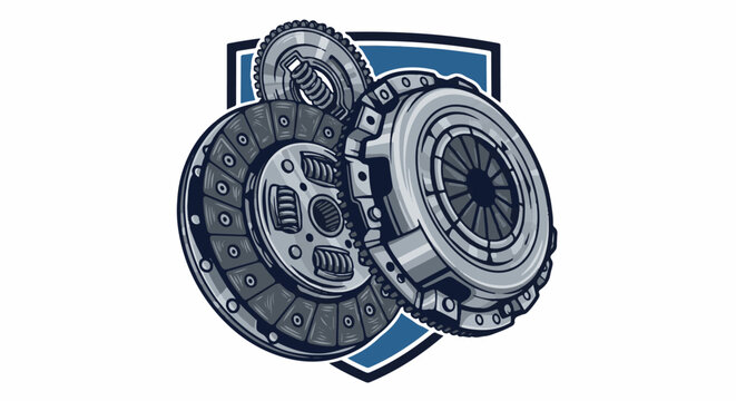 Mechanical clutch assembly and gear depicted against a shield