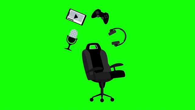 Animated Gaming Chair with Controller Headset and Microphone for Esports Streaming Setup Motion Loop on Alpha Channel