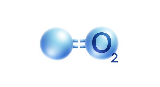 Digital illustration depicting the molecular structure of an oxygen molecule with its two bonded