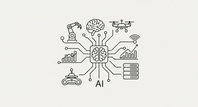 Conceptual illustration of artificial intelligence with brain, robot arm, drone, and data