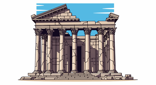 Ancient stone structure with cracked columns and partial roof under blue sky