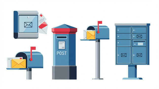 Illustration of various blue mailboxes and a postal box on a white background with red flags and envelopes