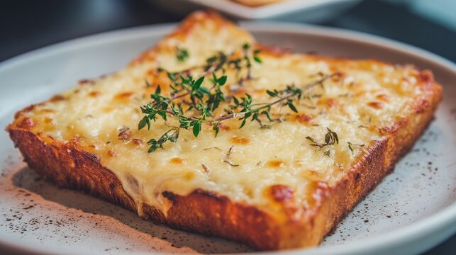 Toasted bread cheese melted mozzarella kashar thyme butter close up food gourmet snack breakfast dish creamy delicious plate minimal ceramic fresh herbs warm savory texture