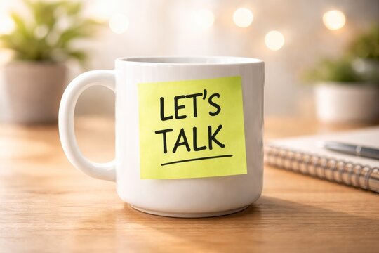 White coffee mug with yellow sticky note that says lets talk attached to it on wooden table background.