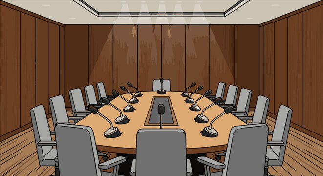 Empty conference room with a large oval table, chairs, and microphones