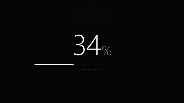 A stark, dark interface displays a progress bar with the number 34% prominently showcased, denoting completion status during a loading or processing period