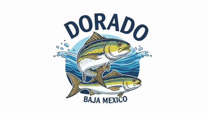 Two yellowtail fish jump from blue water under "DORADO" text