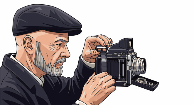 Elderly man with a flat cap and beard operating a vintage camera
