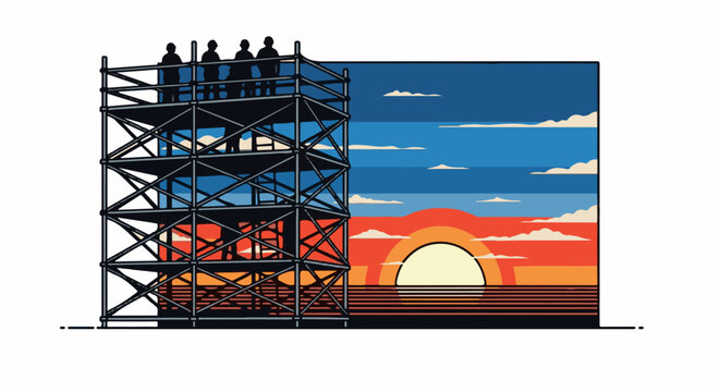 Figures silhouetted on scaffolding watch a pixelated sunset over ocean waves