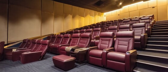 Naklejka premium Ultra luxury cinema interior with premium reclining leather seats, warm cinematic lighting, symmetrical composition, empty theater, hyper realistic 8k, cinematic experience concept 12