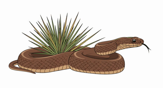 Brown snake coiled around desert plant with tongue flicking