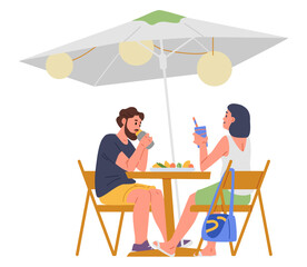 Couple eating at a café under umbrella flat vector illustration isolated on white. © Александра Гвардейце