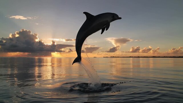 Dolphin jumps over water during sunset in a coastal area with calm waves and beautiful sky