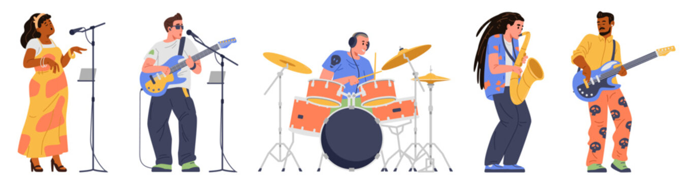 Diverse musicians playing on music instruments and singing flat vector illustration set isolated on white. Woman singer, electric and bass guitar players, drummer, saxophone player.