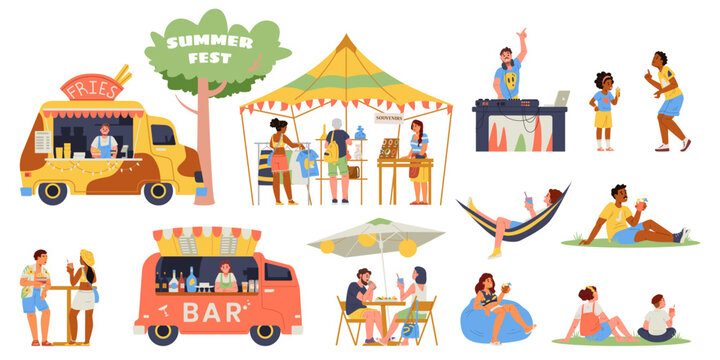 Summer fest flat vector illustrations set isolated on white. Food trucks, diverse people dancing, relaxing, eating, souvenir shop, dj.