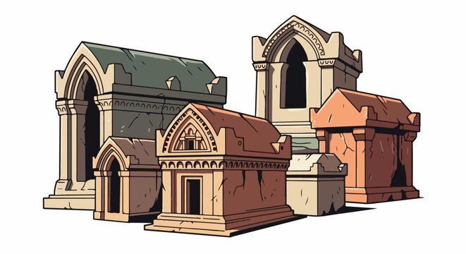 A collection of ornate, weathered stone crypts with arched entrances