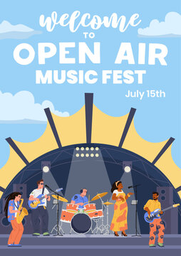 Open air music festival invitation template with musical band on the stage vector illustration.