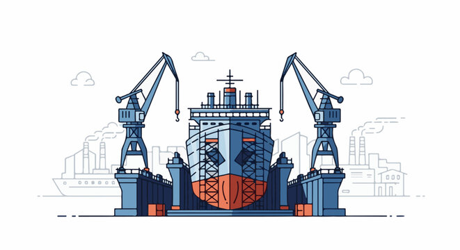 A large ship is being repaired in a dry dock with two large cranes