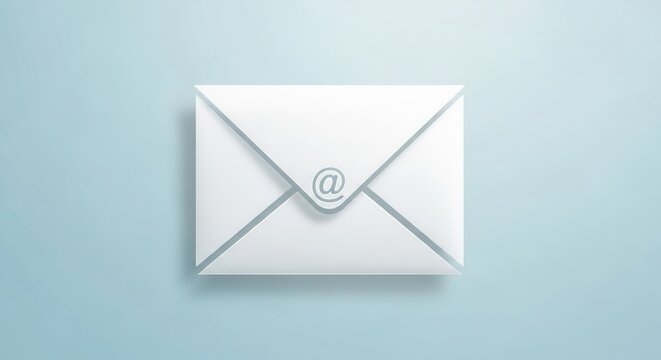 Minimalist design of a clean white email envelope featuring the iconic @ symbol on a serene blue