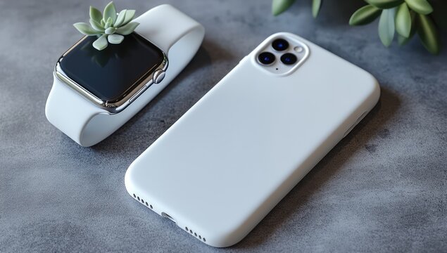 Sleek white iPhone 11 Pro and Apple Watch on gray surface.