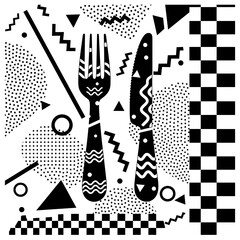 Fototapeta premium Retro 80s Memphis style cutlery set with abstract geometric patterns.