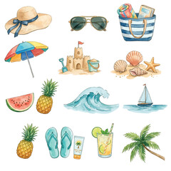 Fototapeta premium summer beach icons set with tropical vacation elements sun sea palm trees umbrella island ocean boat sunglasses starfish and travel symbols vector illustration