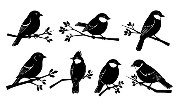 P&aacute;jaros en ramas silueta negra vector colecci&oacute;n