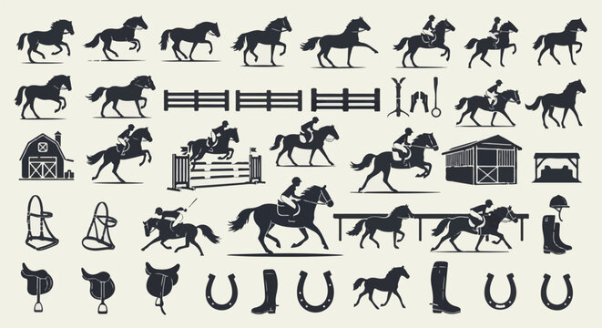 Equestrian silhouettes horses, riders, fences, and gear