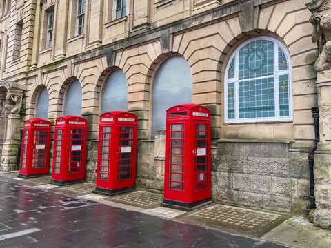 Typical British phone booths at Blackpool, UK.