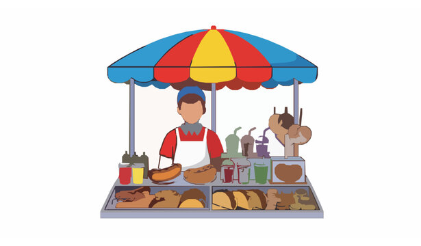 Vendedor ambulante carrito comida bebidas paraguas vector