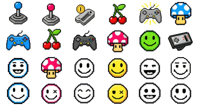 Pixel Art Retro Game Icons: Joysticks, Controllers, Cherries, Mushrooms, Smiles