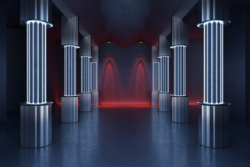 Naklejka premium Futuristic corridor with glowing illuminated columns in a dark modern interior hallway, showcasing contemporary design and dramatic lighting effects. 3D Rendering