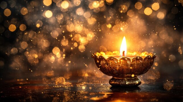 Ornate golden brass diya oil lamp with burning flame placed on a reflective surface against a dark background with golden bokeh lights and floating glitter particles.
