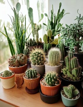 A Collection of Cacti: A vibrant collection of assorted cacti, each in its unique pot, sits in a sunlit setting. A testament to nature's artistry and the allure of succulent life.