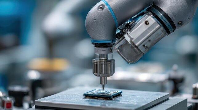 Automated system aligns and secures components onto circuit boards efficiently. Technician oversees robotic placement of electronic parts with visual assistance and precise movement control